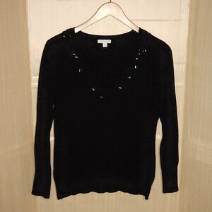 New York & Company Black V Neck Sweater Beaded Neckline XL